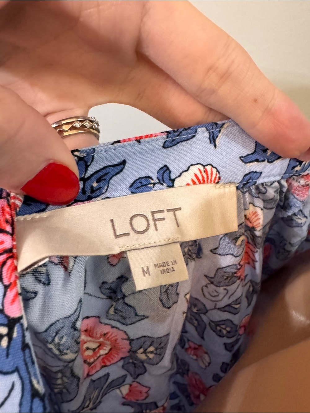 Loft Peasant Floral Top Tie Blouse Medium Blue Pink - Picture 5 of 5